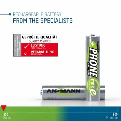 Akkus mit Aufschrift 'PHONE' und 'RECHARGEABLE BATTERY'. Text oben: 'Geprüfte Qualität'. Skala unten: 550 Basic bis 800 Premium.