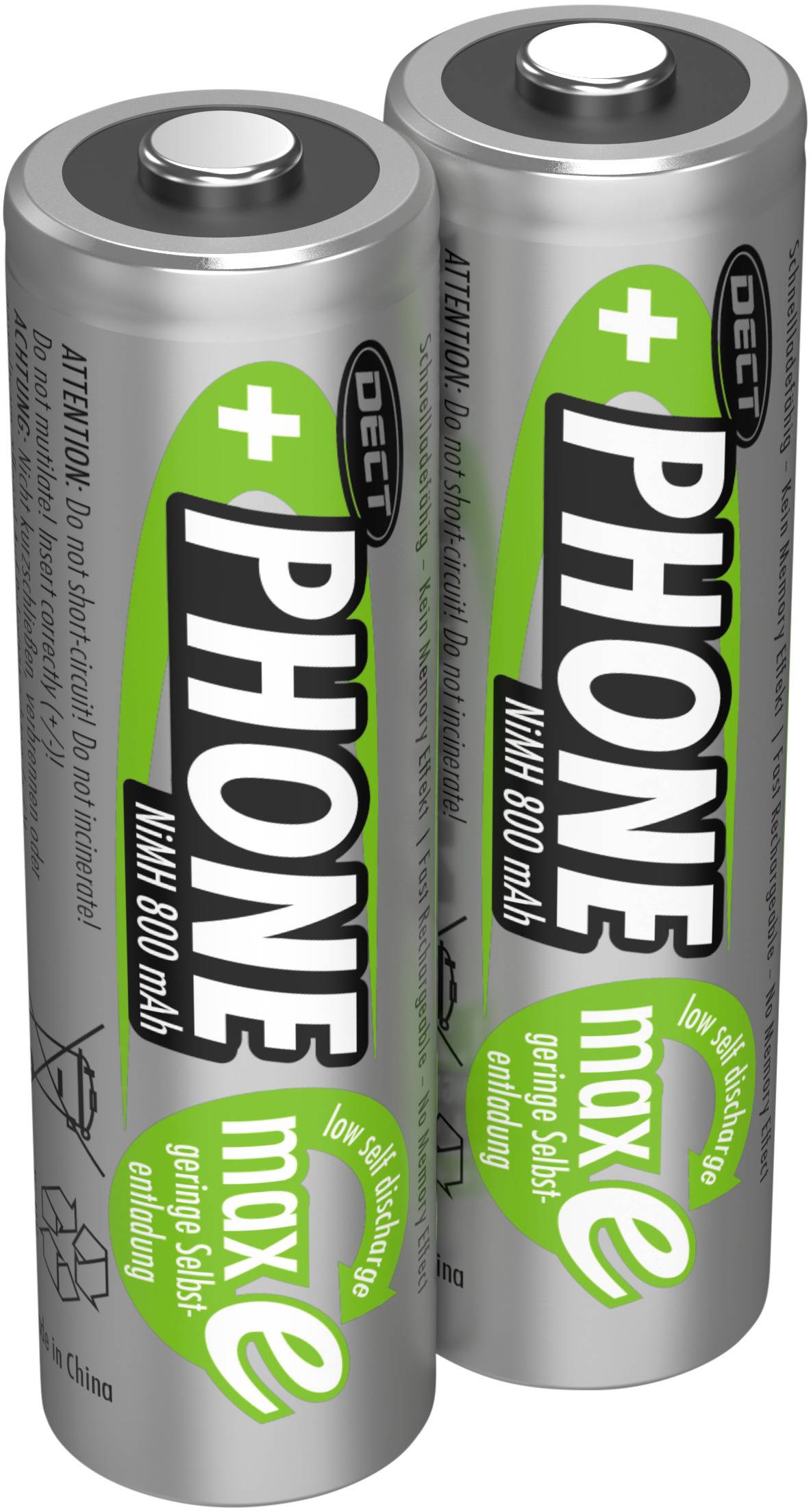 Zwei silberne AA-Batterien mit grüner Beschriftung 'PHONE', '800 mAh'. Geeignet für DECT-Telefone. In China hergestellt.