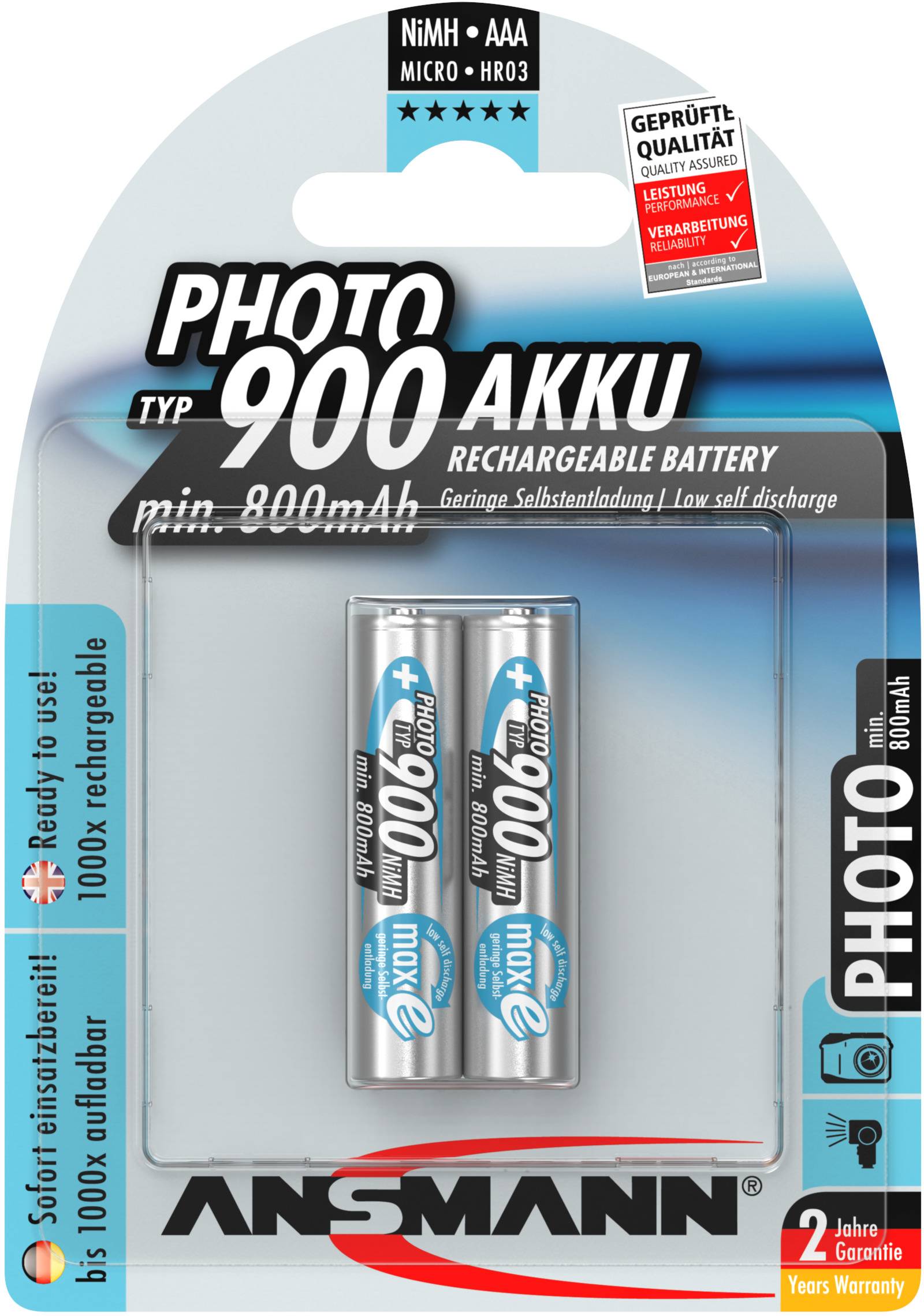 'Ansmann PHOTO 900 AKKU' wiederaufladbare Batterien, Typ AAA, 800mAh, sofort einsatzbereit, 2 Stück, in Blisterverpackung.