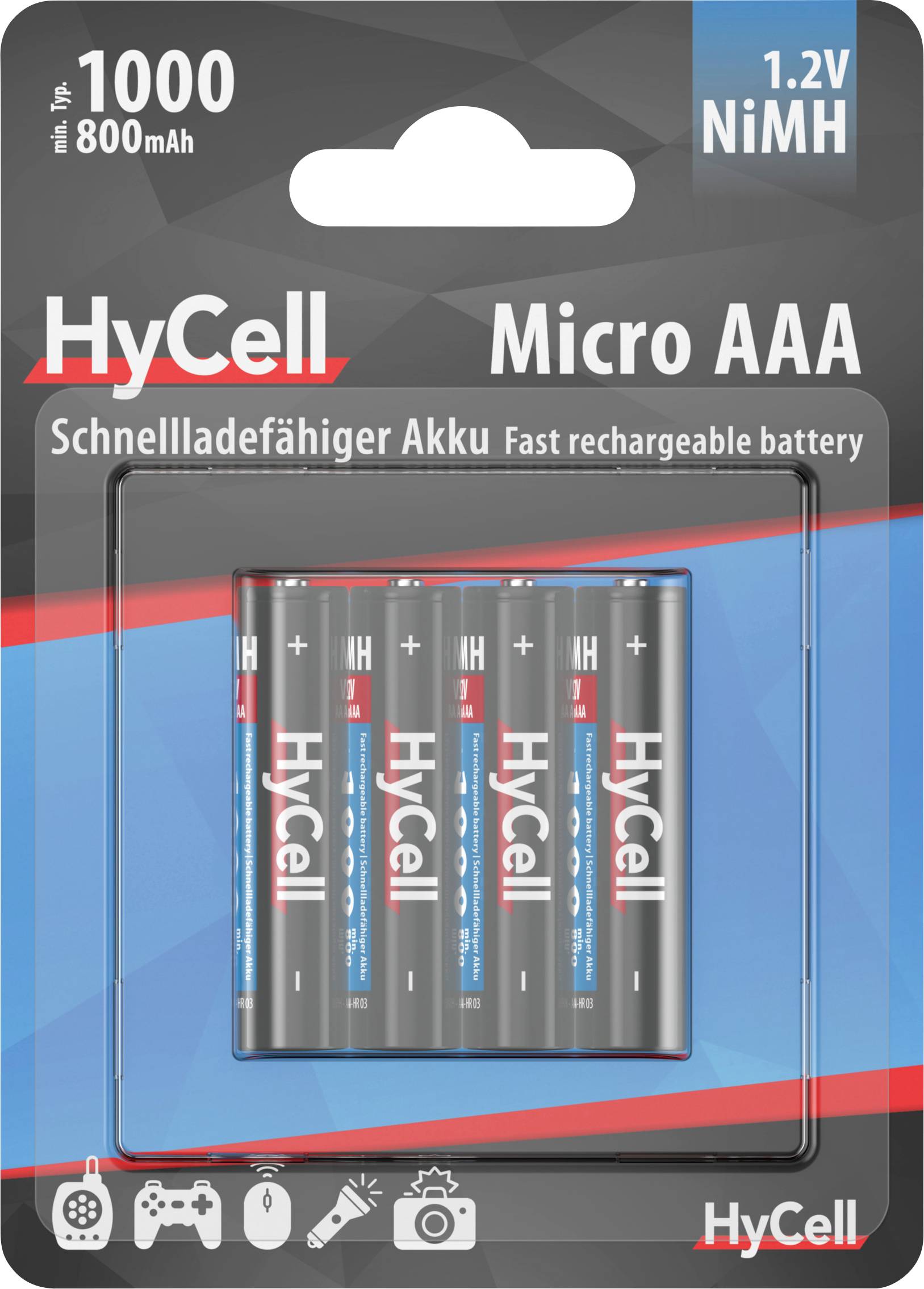Fünf Micro AAA NiMH Batterien von HyCell, schnellladefähig, 1,2V, 800mAh. Verpackung mit rot-grauem Design und Informationen.