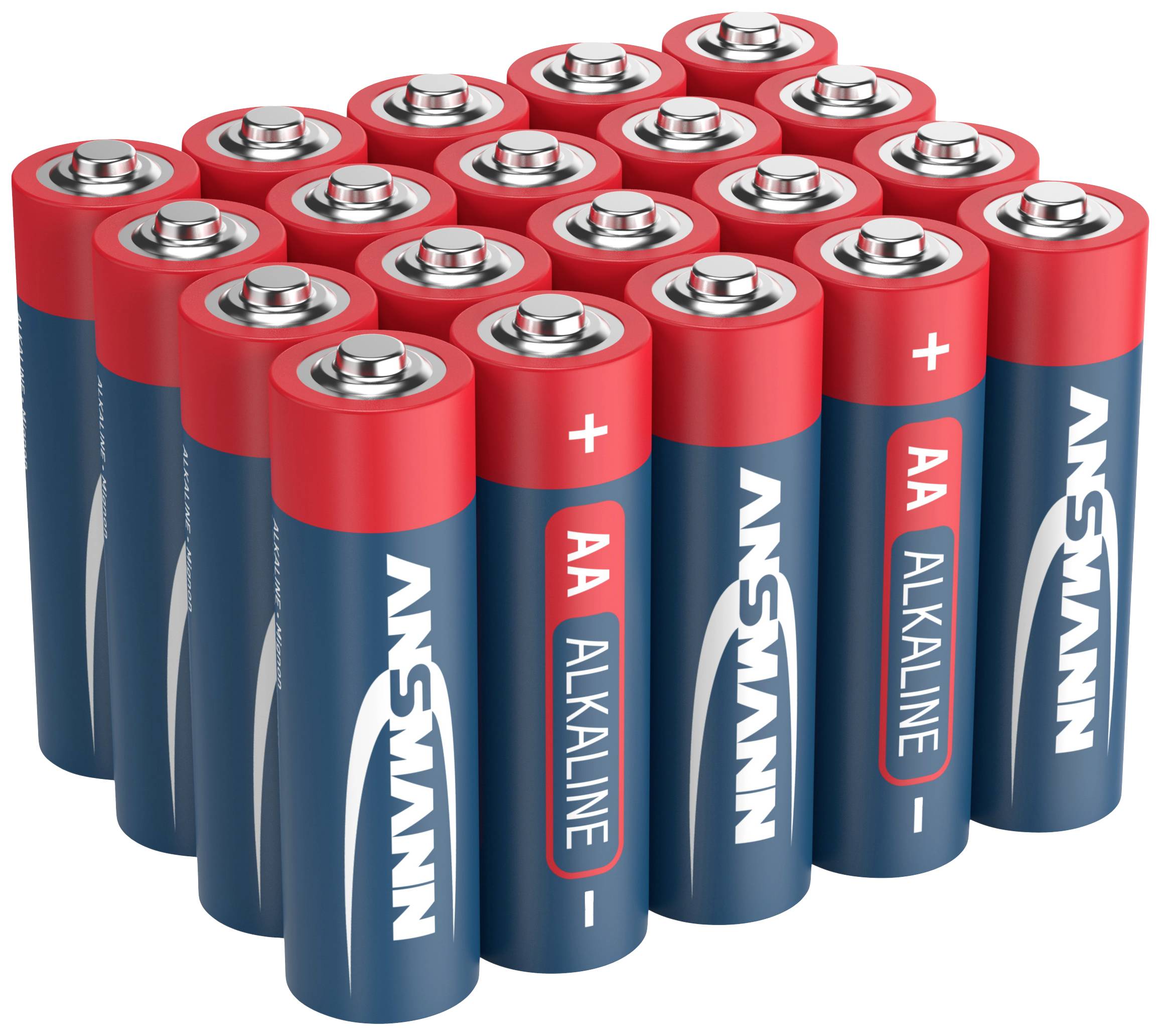 Ein Stapel von 16 AA-Alkalibatterien, aufrecht stehend, mit rotem Pluspol und blauer Hülle, markiert mit 'ANSMANN' und 'ALKALINE'.