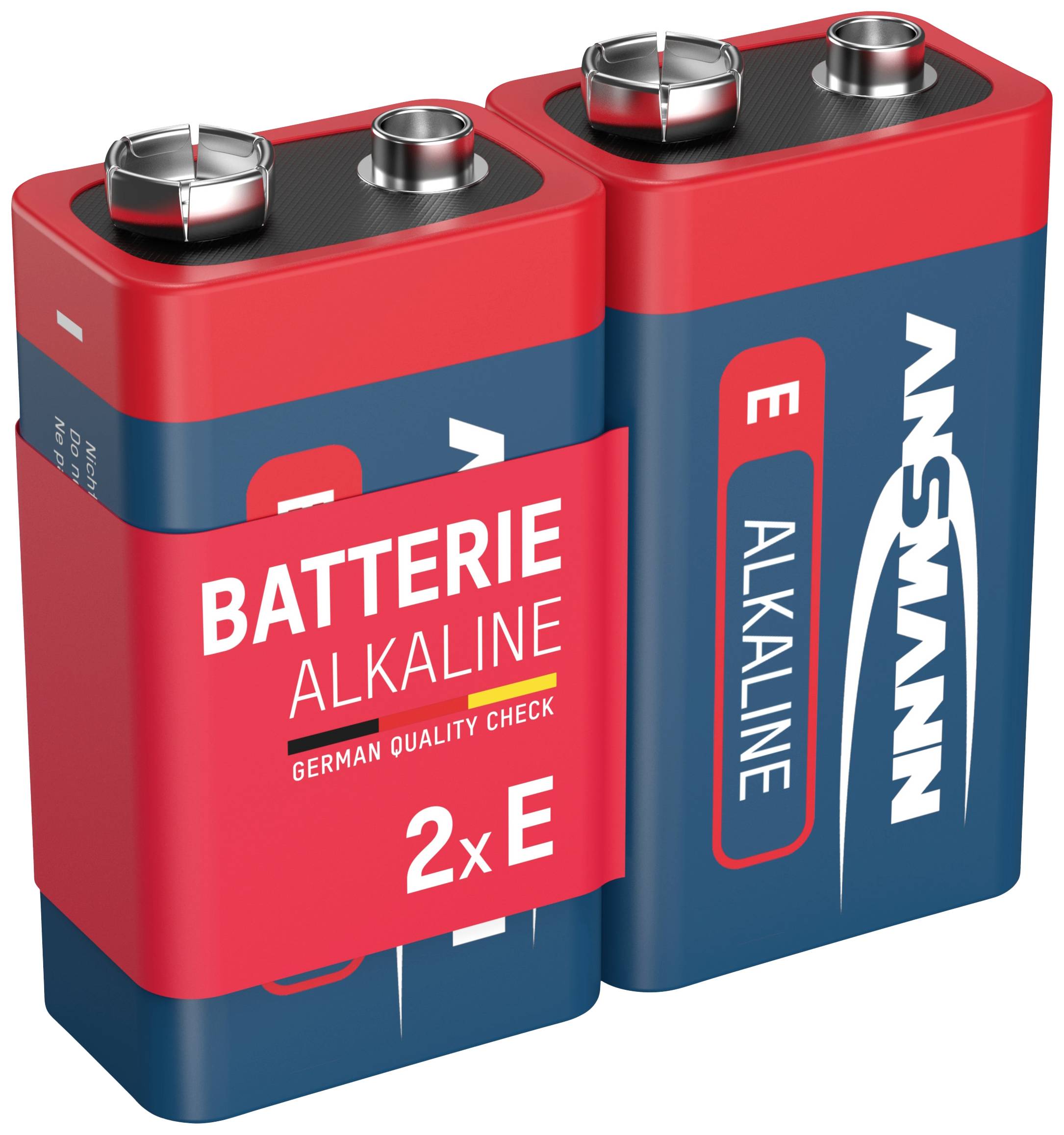 'Alkaline-Batteriepaket mit rotem und blauem Design. Enthält 2 Stück, gekennzeichnet mit "German Quality Check".'
