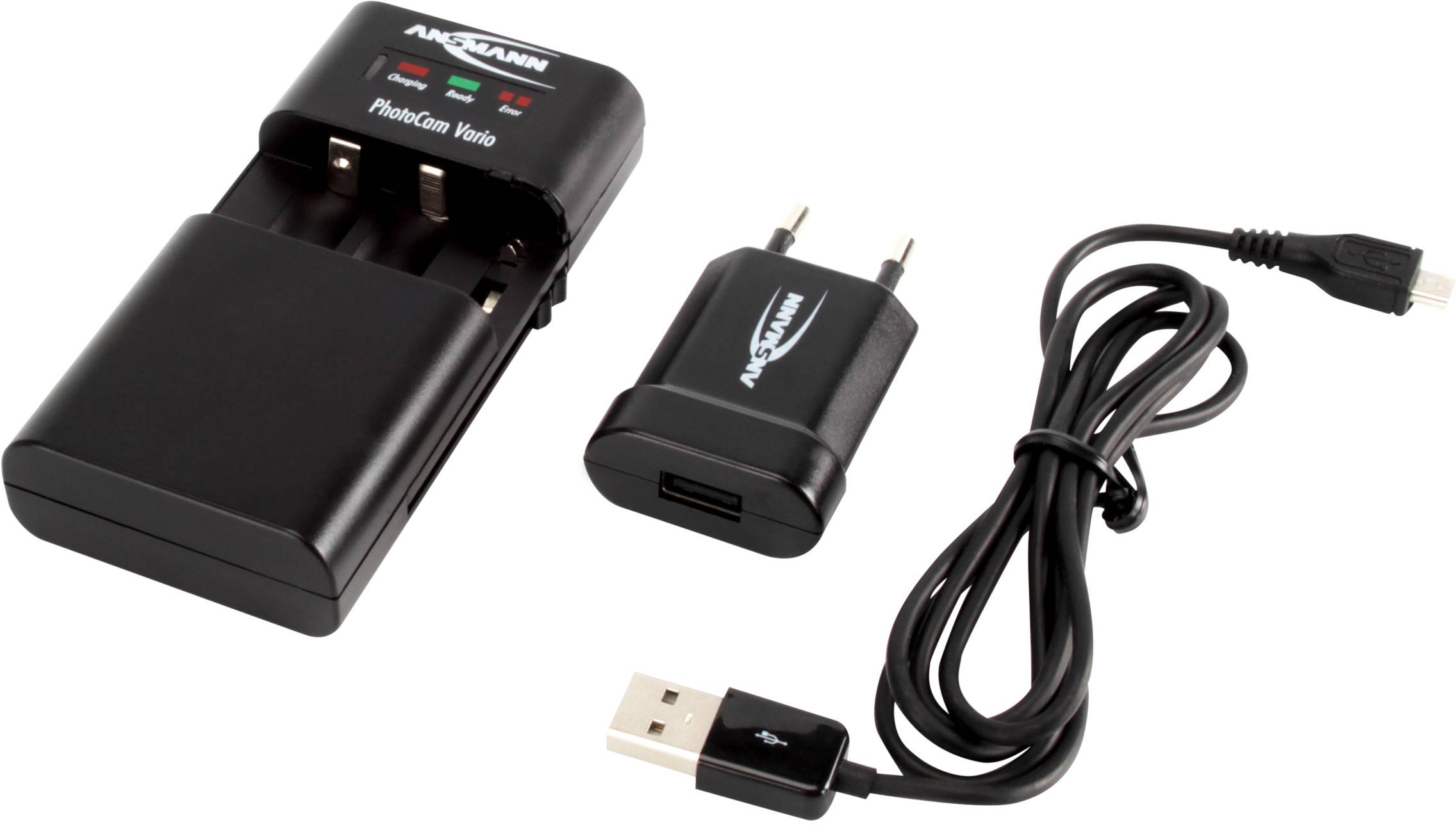 Batterieladegerät-Set mit Ladegerät, Netzteil und USB-Kabel. Geeignet für wiederaufladbare Batterien, zeigt Ladestatus an.