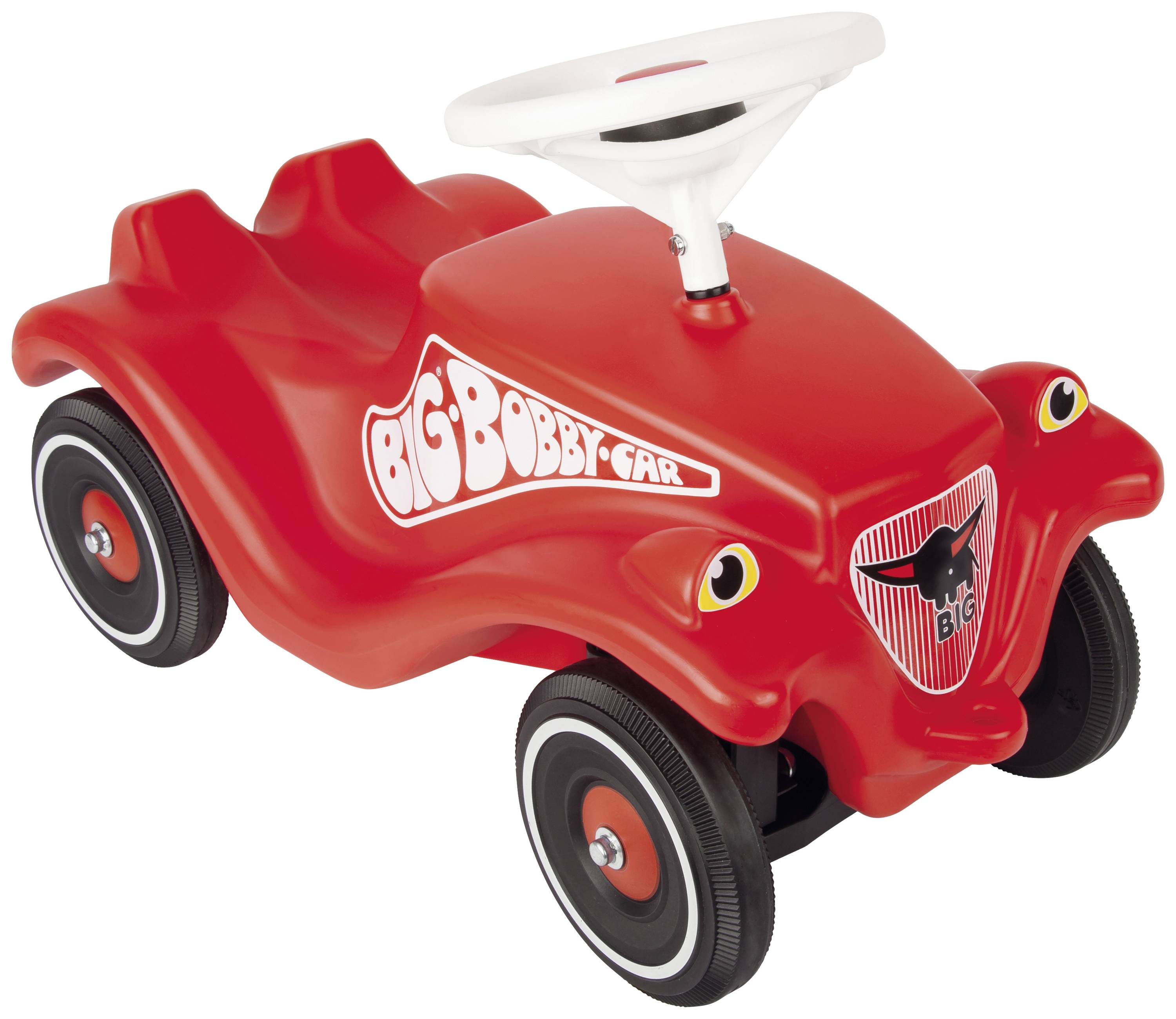 Rotes Spielzeugauto mit Lenkrad und 'BIG Bobby Car'-Aufschrift auf der Seite. Vier schwarze Reifen mit weißen Felgen.