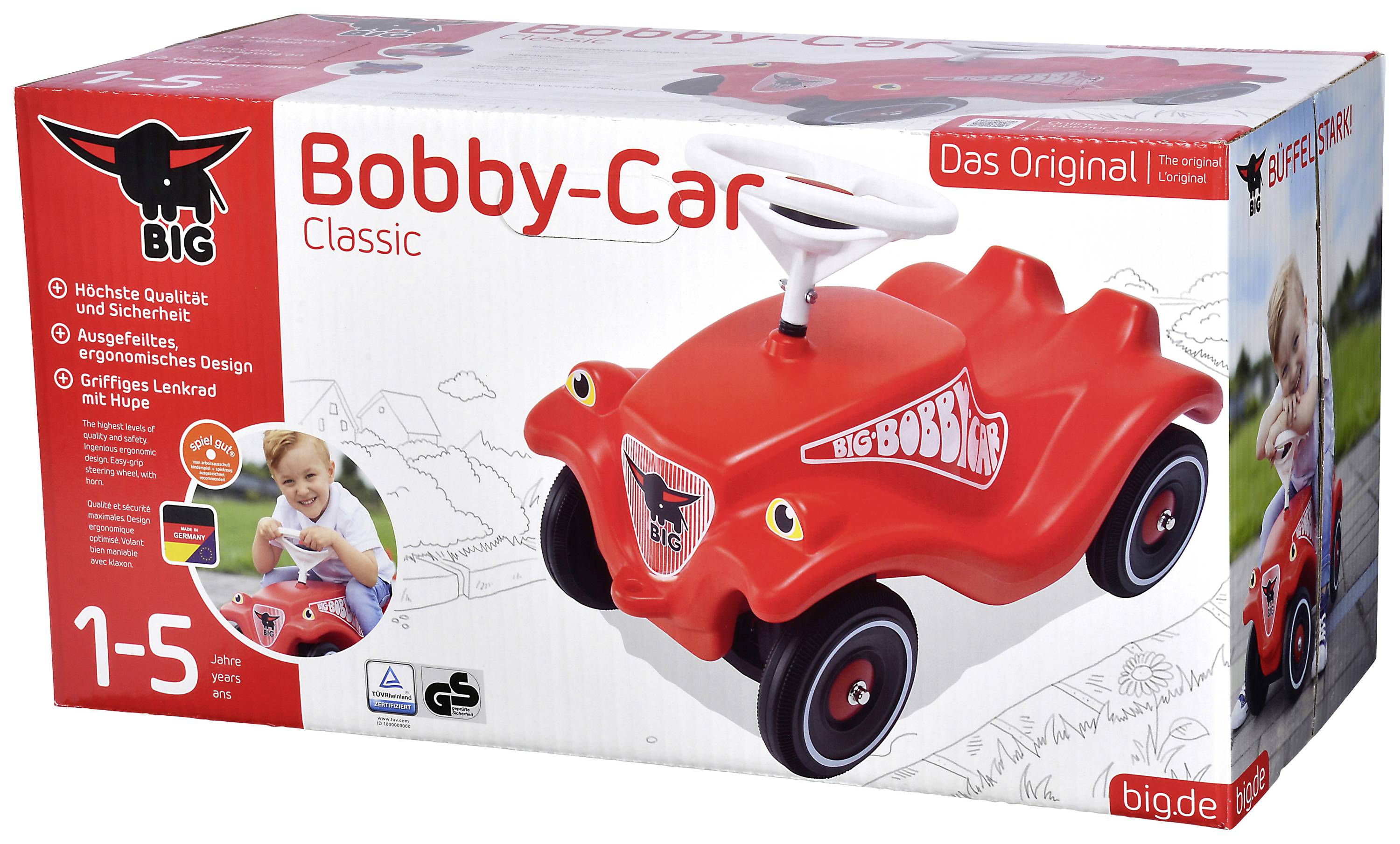 Rote Bobby-Car-Verpackung für Kinder von 1-5 Jahren. Enthält ergonomisches Design, Hupe, und Sicherheitsmerkmale.