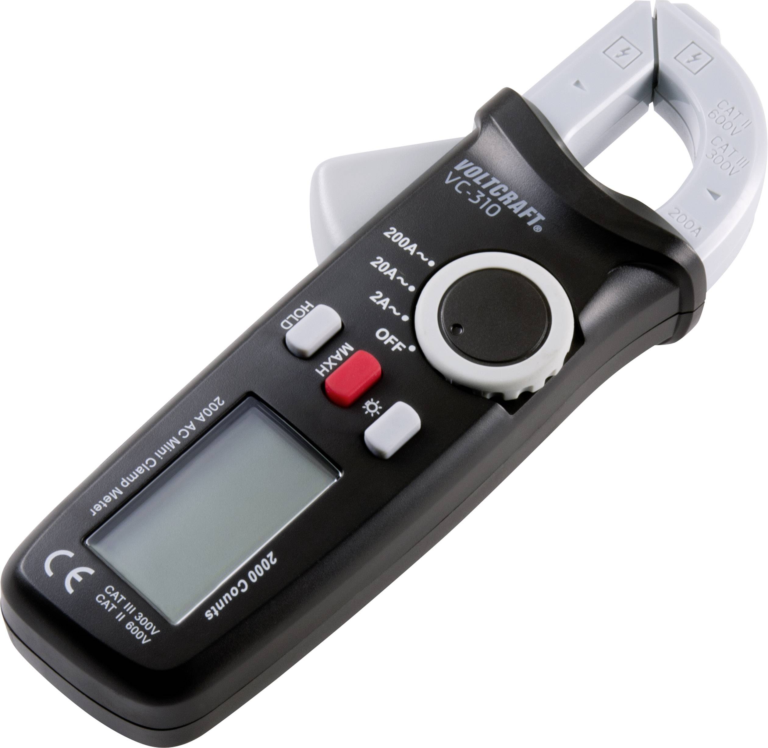 Ein digitales Stromzangen-Multimeter mit schwarzem Gehäuse, Drehknopf und Display zur Messung elektrischer Ströme.