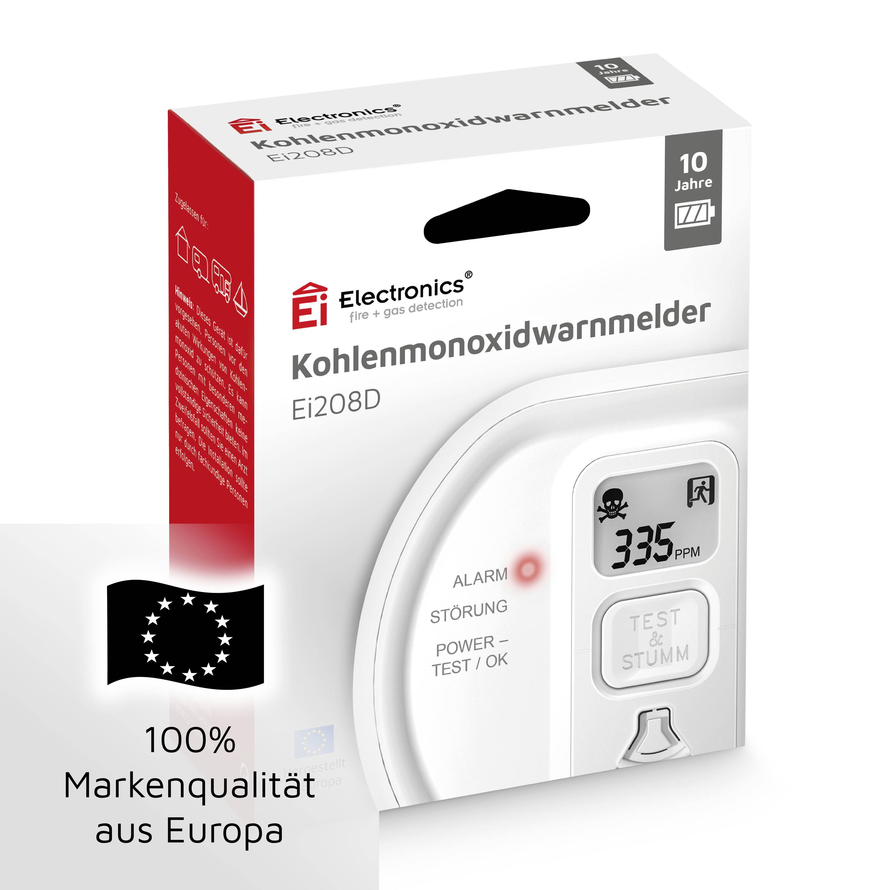 Kohlenmonoxidwarnmelder-Verpackung mit Logo der Marke. Text: '100 % Markenqualität aus Europa', '10 Jahre'. Sicherheitswarnung.