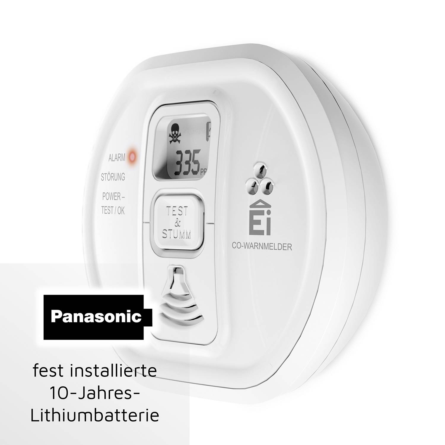 Ein weißer CO-Warnmelder von Panasonic mit fest installierter 10-Jahres-Lithiumbatterie. Zeigt einen Alarm- und Testknopf.