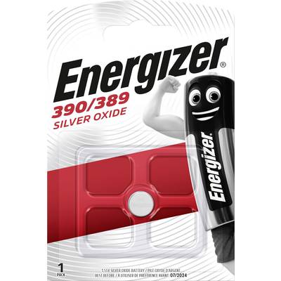 Verpackung von Energizer Silberoxid-Batterien 390/389, mit Maskottchen auf der Vorderseite. Enthält 1 Packung. Verfallsdatum 07/2024.