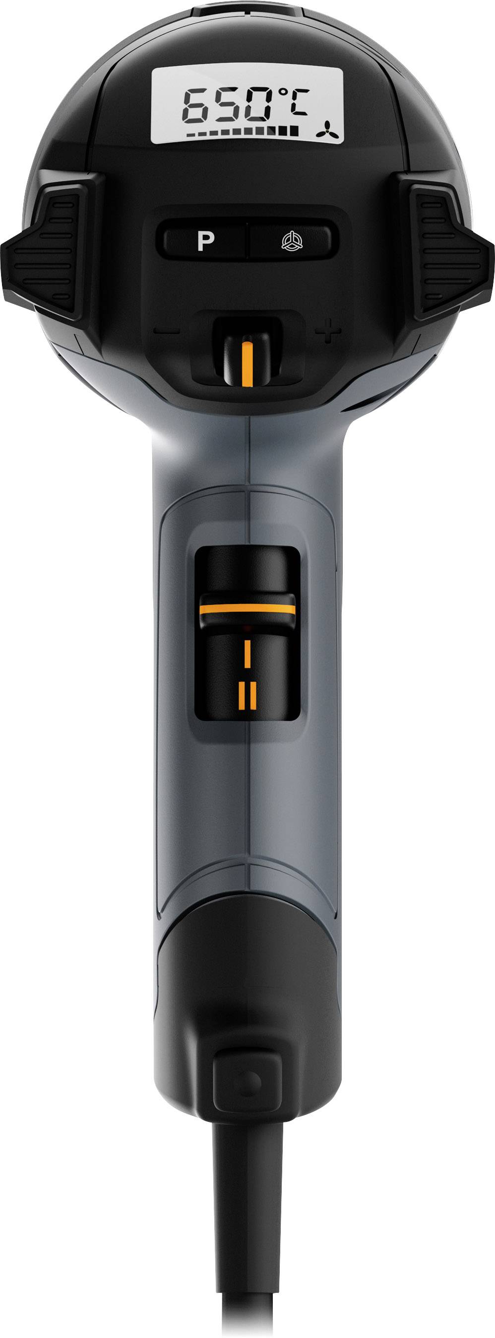 Ein Haartrockner mit digitalem Display zeigt '650°C'. Schwarzer Griff mit orangefarbenen Details. Temperatur- und Gebläse-Einstellung sichtbar.
