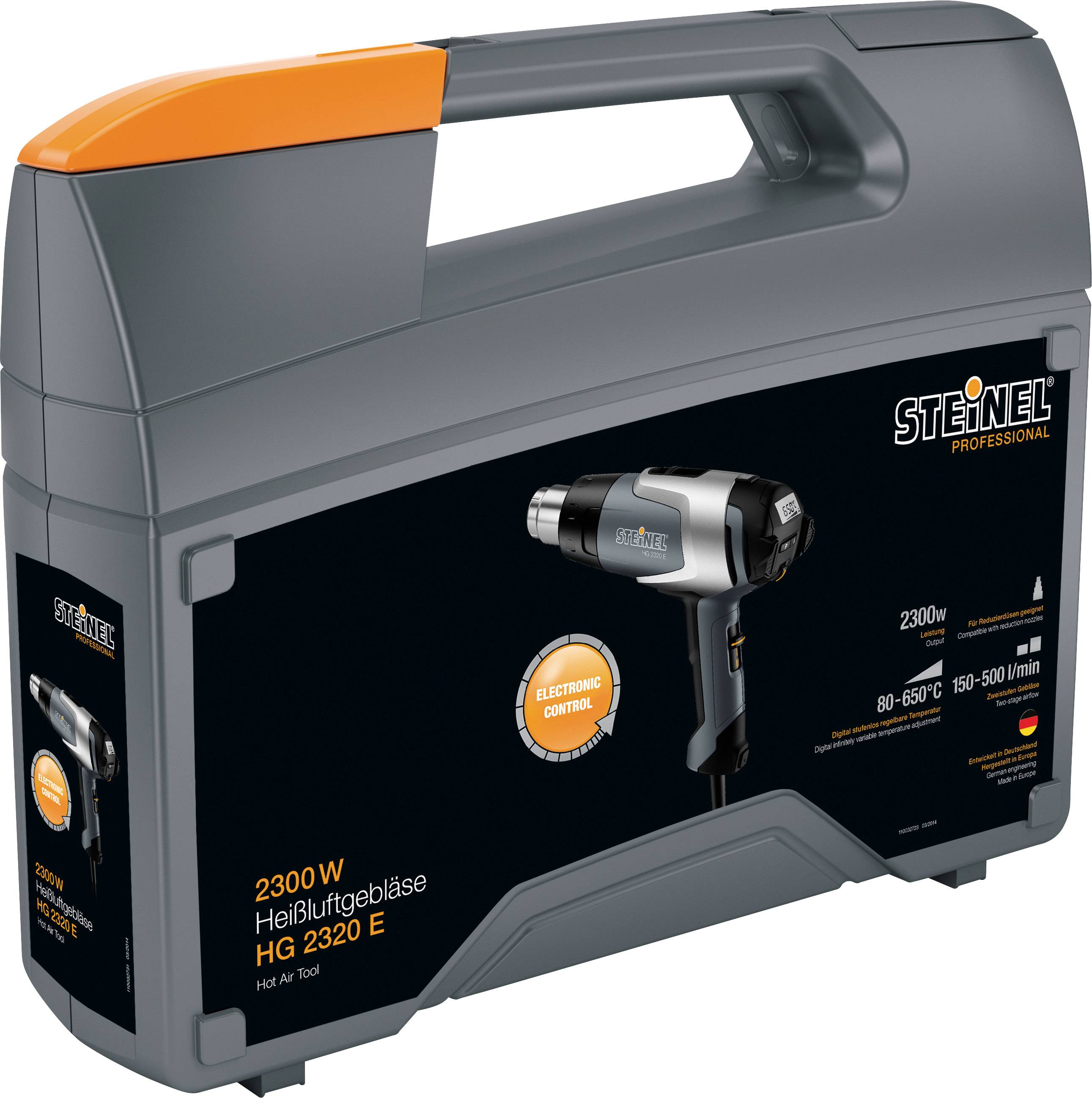 Ein grauer Koffer mit der Aufschrift 'Steinel Professional', zeigt ein Bild eines Heißluftgebläses HG 2320 E, 2300 W, für verschiedene Temperaturen.