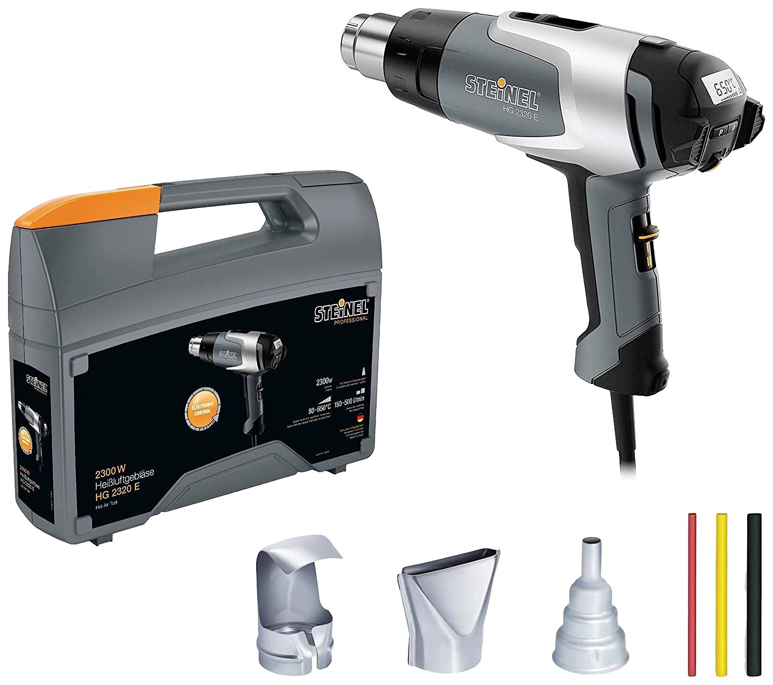 Heißluftgebläse mit Zubehör und Transportkoffer, 2300 Watt, stufenlose Temperatureinstellung. Ideal für Handwerksprojekte.