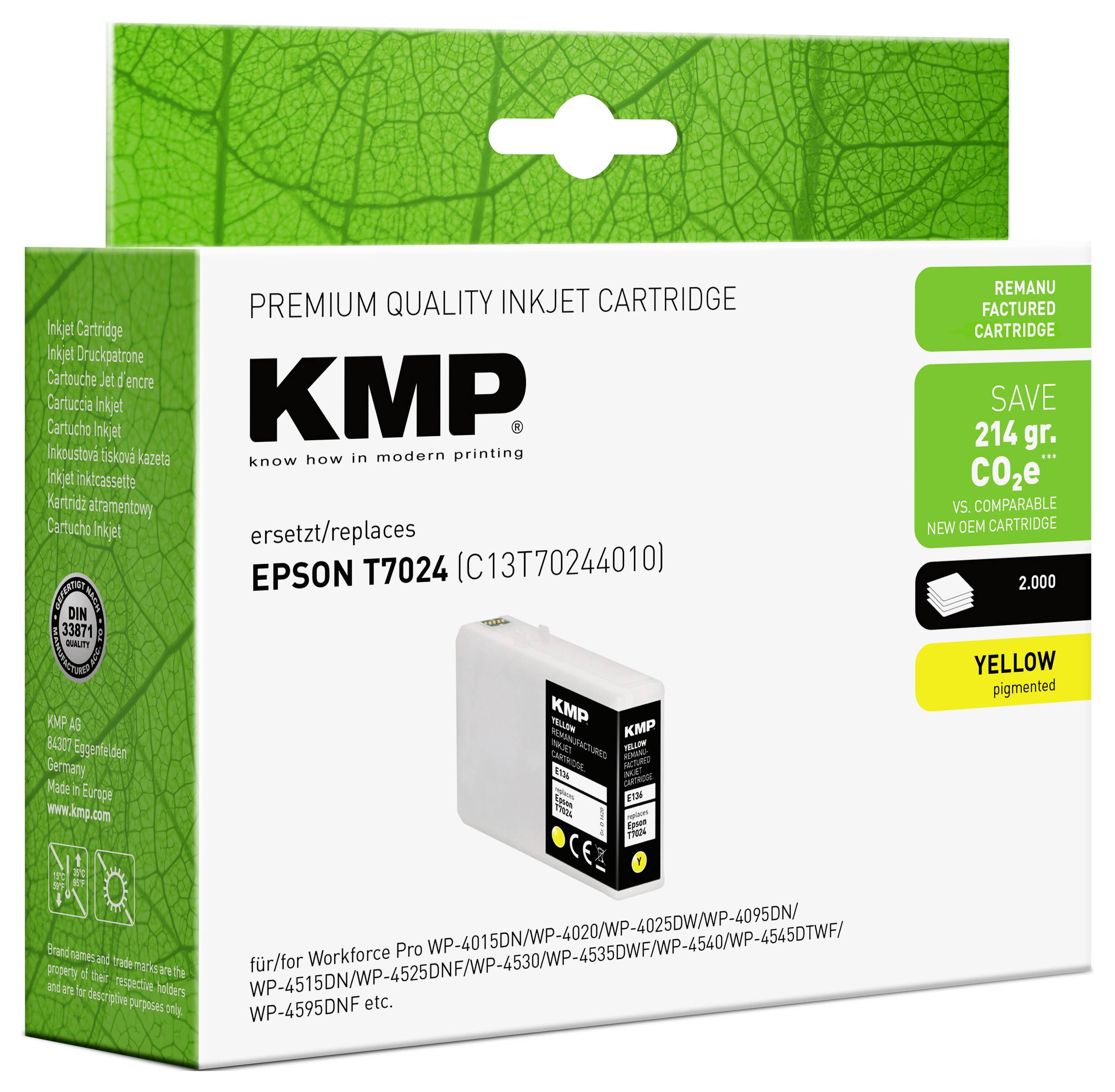 Verpackung für KMP Premium-Tintenstrahlpatrone, Ersatz für Epson T7024; gelbe Pigmentpatrone für Epson WorkForce-Drucker, spart 214 g CO2e.