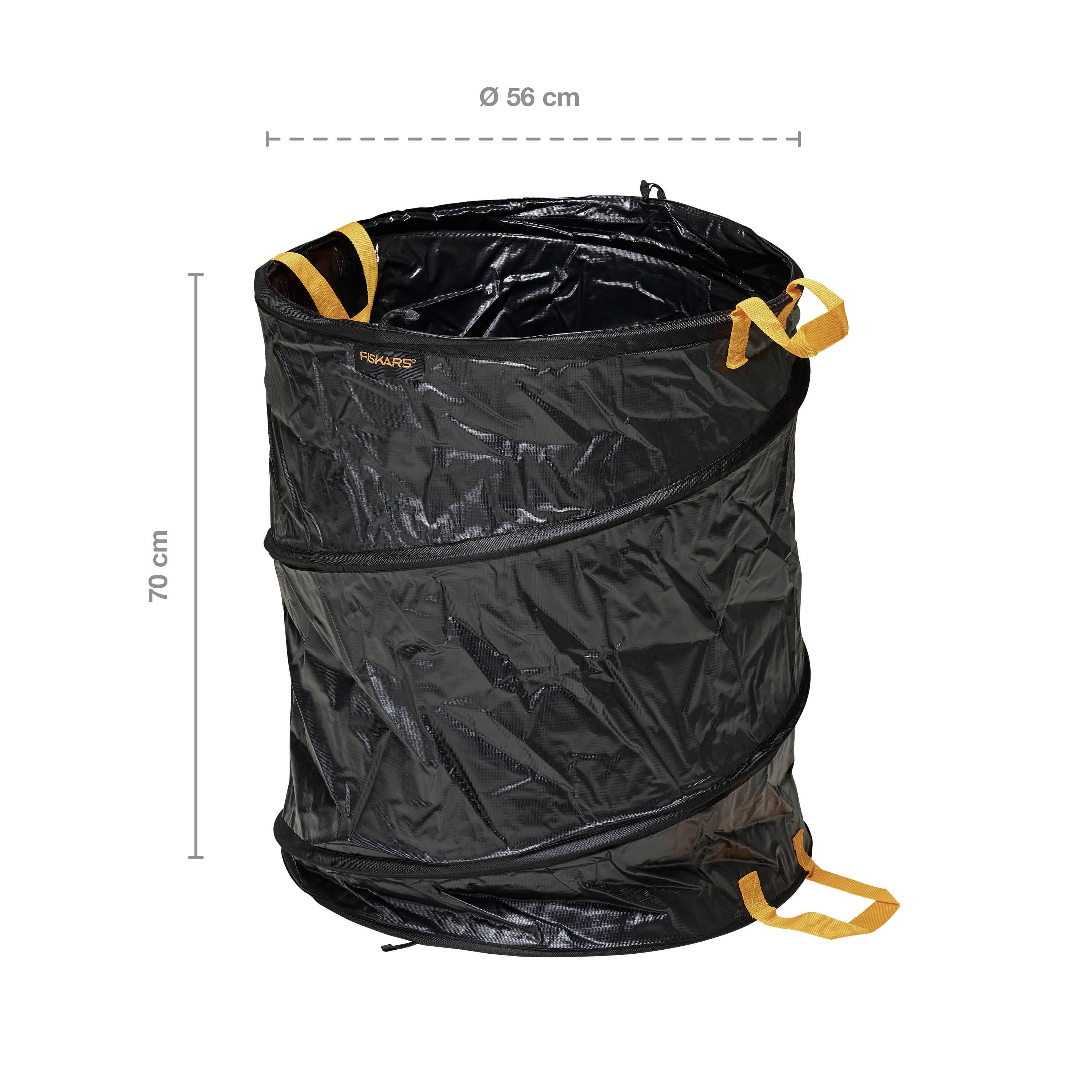 'Faltbarer Gartensack, 70 cm hoch, 56 cm Durchmesser, schwarz mit orangefarbenen Griffen. Markenname auf der Außenseite.'