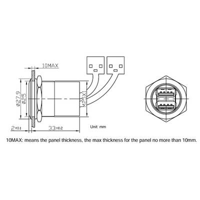 Technische Zeichnung eines Panel-Steckverbinders: zeigt Maße von 33±0.2 mm Länge und 27.9±0.25 mm Durchmesser, max. Paneldicke 10 mm.