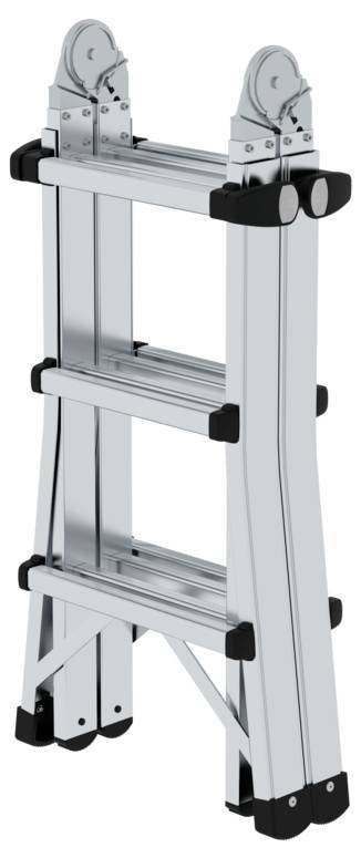 Silberne, zusammenklappbare Aluminiumleiter mit vier Sektionen und schwarzen Endkappen; nützlich für vielseitige Höhenarbeiten.
