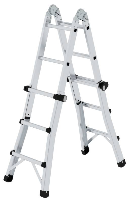 Ein klappbarer, silberner Multifunktionsleiter aus Metall mit mehreren Gelenken zur flexiblen Anpassung bei unterschiedlichen Höhen.