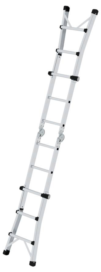 Eine silberne Aluminiumleiter mit mehreren Sprossen, die für vielseitige Höhenverstellungen ausgelegt ist. Ideal für handwerkliche Arbeiten.