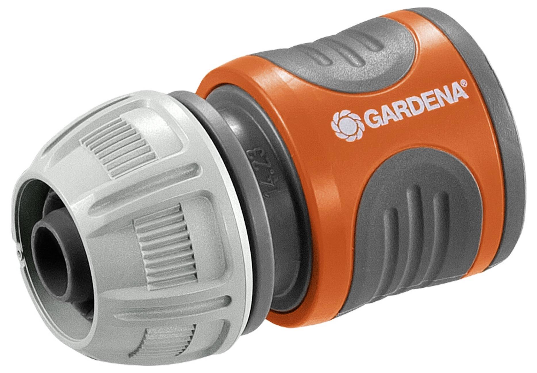 „Gardena"-Schlauchanschluss; Kunststoffdesign in Orange und Grau zum Anschließen von Gartenschläuchen.