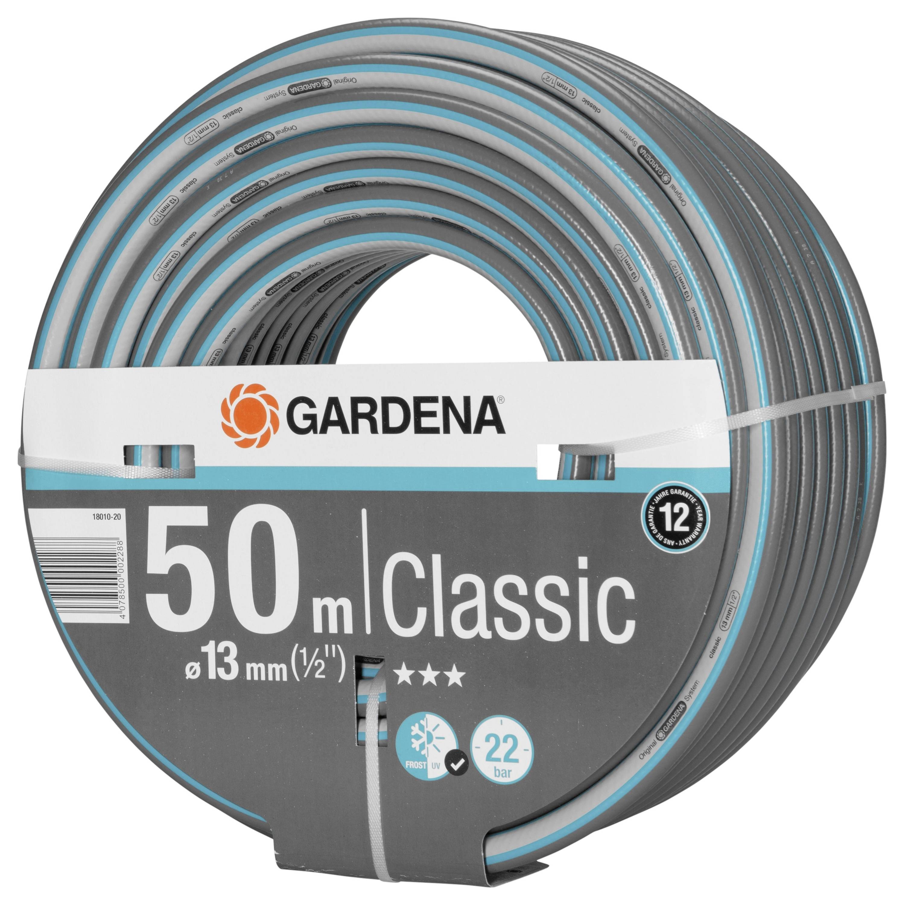 Gartenschlauch der Marke Gardena, 50 Meter lang, 13 mm Durchmesser, geeignet für bis zu 22 Bar Wasserdruck, Modell 'Classic'.
