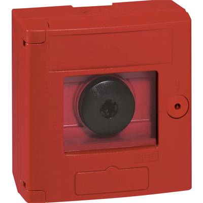 Roter Feuerwehrmelder mit schwarzem Knopf in der Mitte. Geeignet zur manuellen Aktivierung von Feueralarmsystemen in Notfällen.