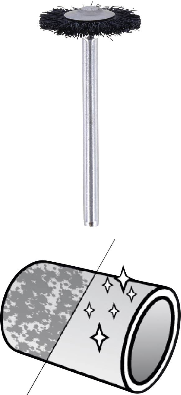 Drahtbürste mit Metallgriff oben, daneben eine Illustration: vorher rauer Zylinder, nachher glänzend poliert.