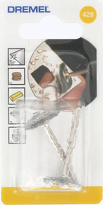 Verpackung eines Dremel-Zubehörs, Modell 428. Enthält eine rotierende Drahtbürste, ideal zum Reinigen von Rost oder Polieren von Metall.