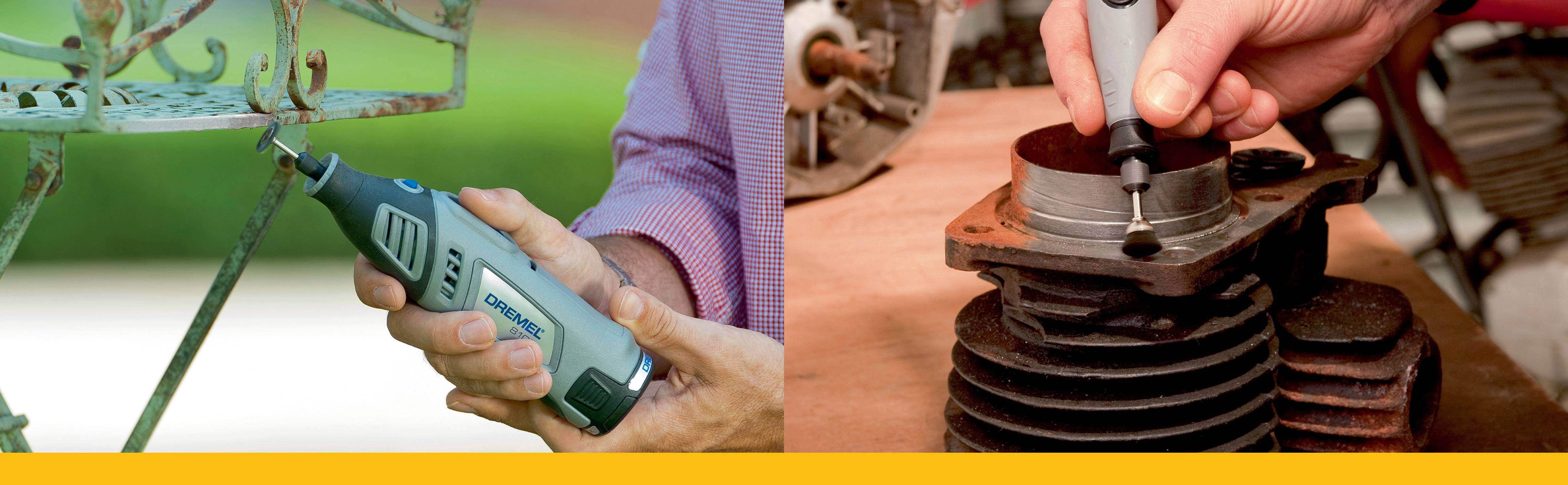 'Person verwendet ein Multifunktionswerkzeug, um Metall zu schleifen, links ein Geländer, rechts ein Motorteil.'