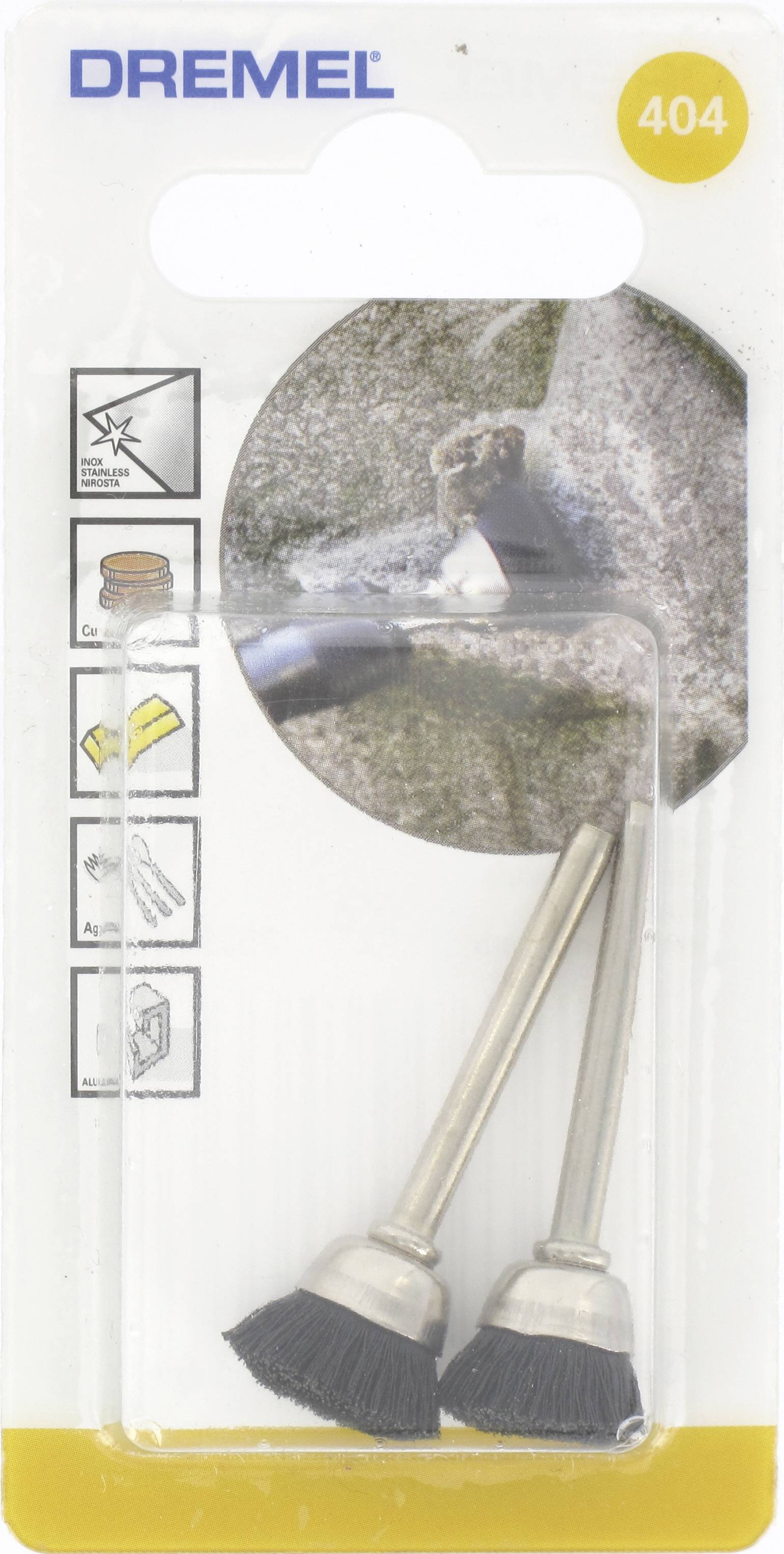 Verpackung mit zwei Dremel-Drahtbürsten für die Reinigung und das Polieren. Enthält Anleitungen und Produktnummer 404.