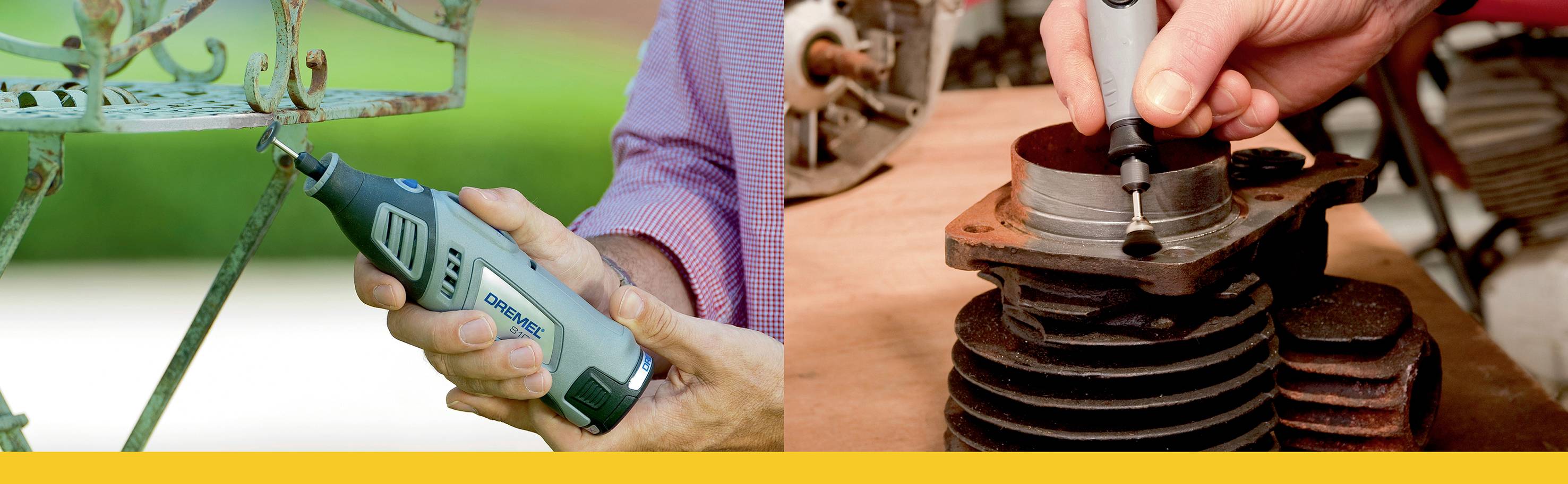 'Zwei Hände führen einen Dremel bei verschiedenen Arbeiten: links wird Metall geschliffen, rechts ein Kolben poliert.'