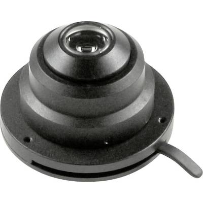 Ein schwarzes, kuppelförmiges Kameraobjektiv mit leicht hervorstehendem Linsenelement und seitlicher Lasche liegt auf einem flachen Untergrund.
