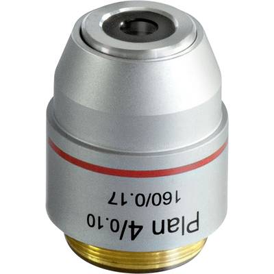 Mikroskopobjektiv mit Aufschrift 'Plan 4/0.10 160/0.17', geeignet für präzise optische Vergrößerung, zeigt robustes Design.