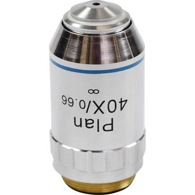 Vergrößerungslinse eines Mikroskops mit der Aufschrift 'Plan 40X/0.65 ∞'. Sie ist aus Metall und hat eine zylindrische Form.