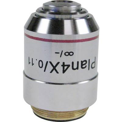 Metallischer Mikroskop-Objektivaufsatz mit rotem Ring und der Aufschrift 'Plan 4/0.1'.