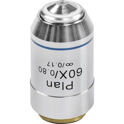 Silbernes Mikroskopobjektiv mit der Aufschrift 'Plan 60X/0,80 ∞/0,17', geeignet für präzise wissenschaftliche Untersuchungen.
