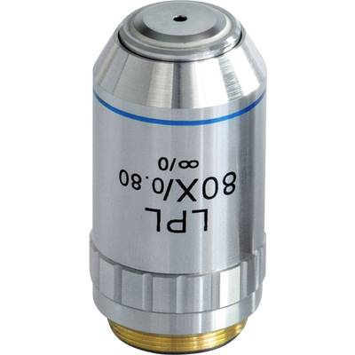 Silbernes Mikroskopobjektiv mit blauer Markierung und der Aufschrift 'LPL 80X/0.80 ∞/0' auf der Seite.