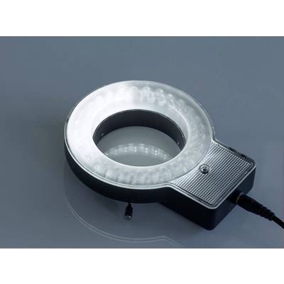 Ein runder LED-Ring mit Kunststoffabdeckung auf grauem Hintergrund, verbunden über ein Kabel, vermutlich zur Fotografiebeleuchtung.