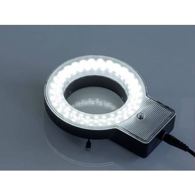 LED-Ringlicht auf grauem Hintergrund, eingeschaltet und hell leuchtend, mit Netzkabel an der rechten Seite.