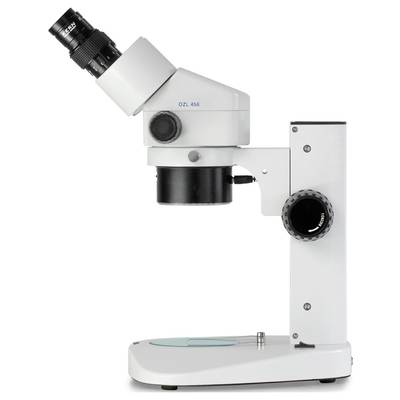 Ein weißes Mikroskop mit zwei Okularen steht seitlich. Es eignet sich für Vergrößerungen in wissenschaftlichen Untersuchungen.