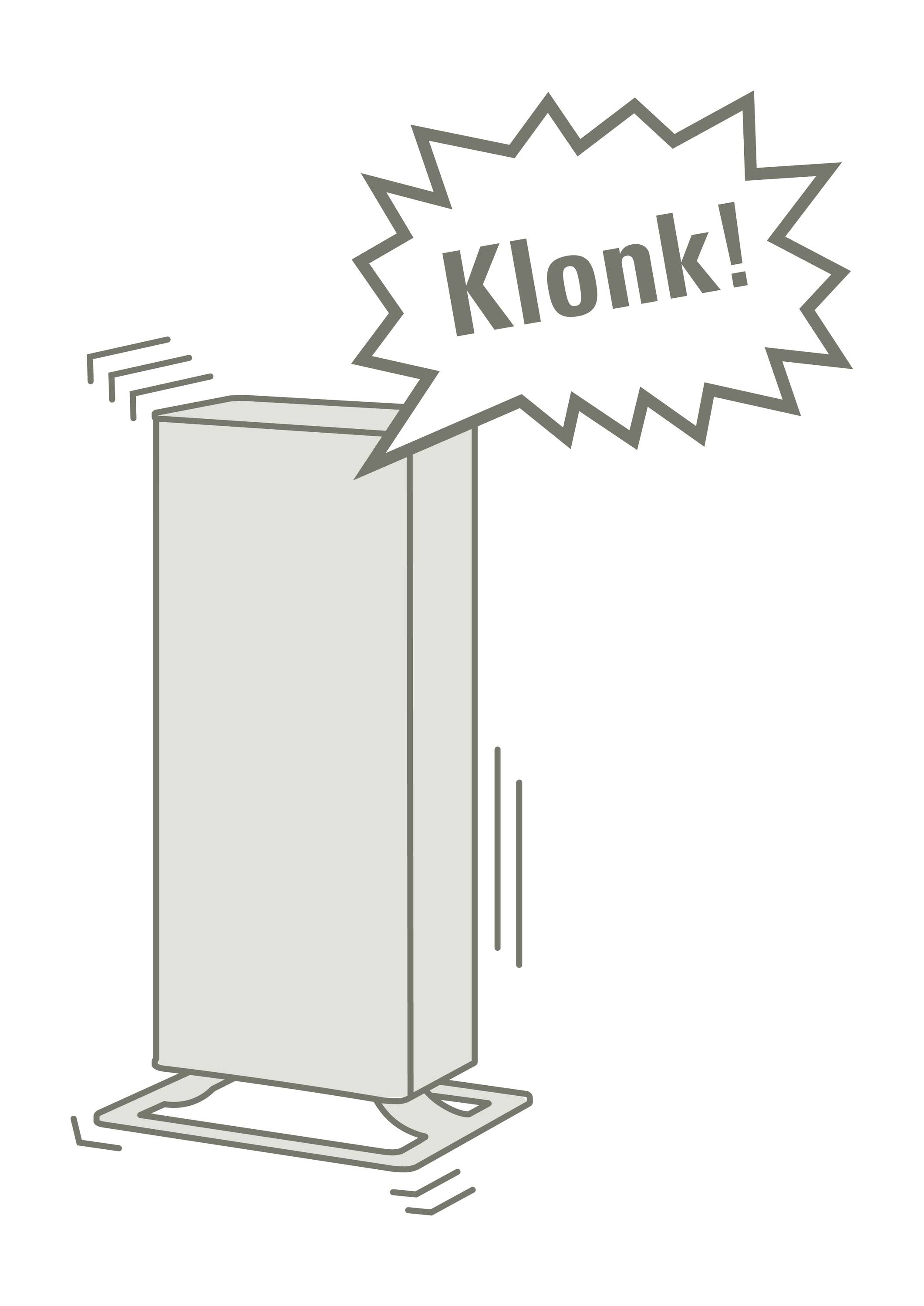 Ein hoher grauer Block vibriert und macht das Geräusch 'Klonk!', was durch eine Sprechblase dargestellt wird.