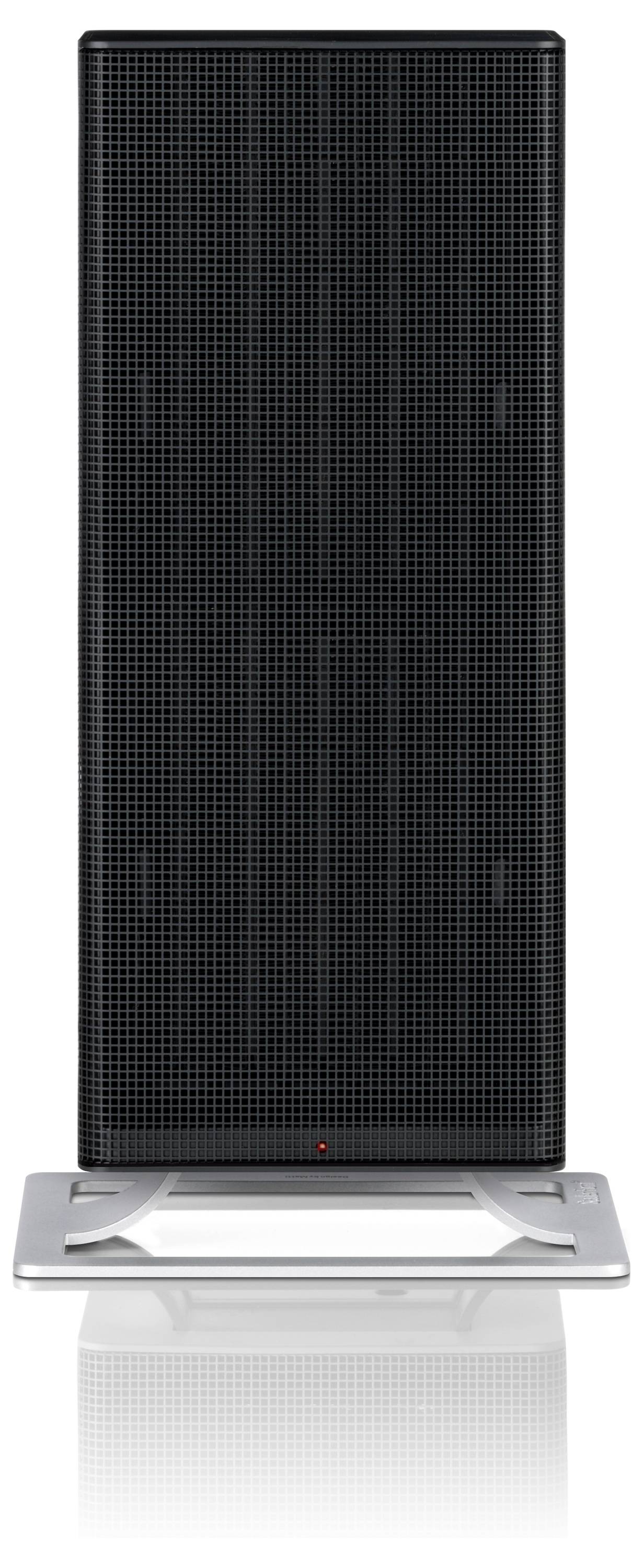Schwarzer Turmventilator mit rechteckigem Design auf silbernem Standfuß. Elegant und modern, für kühle Luftzirkulation.