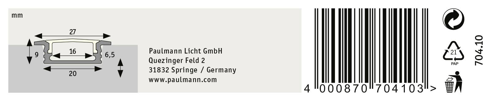 'Schema einer Profilansicht in mm mit Maßen: Länge 27, Breite 16, Höhe 9,5. Kontaktinformationen: Paulmann Licht GmbH, Springe, www.paulmann.de. Barcode und Recycling-Symbole.'
