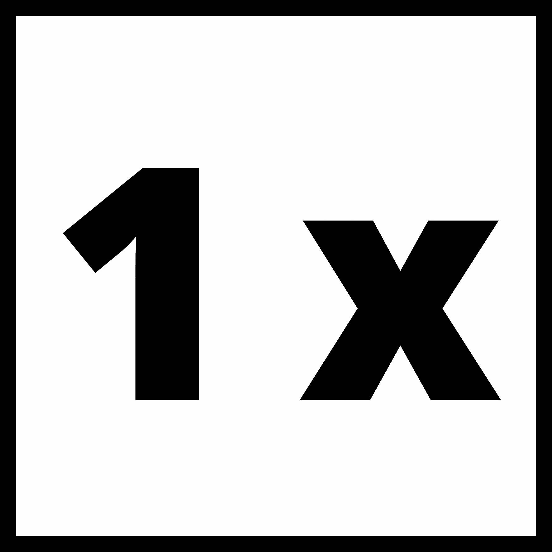 '1x' in einem quadratischen Rahmen, schwarz auf weißem Hintergrund.