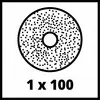 Ein scheibenförmiges Objekt mit Punktmuster und einem Loch in der Mitte, unter dem Text '1 x 100'.