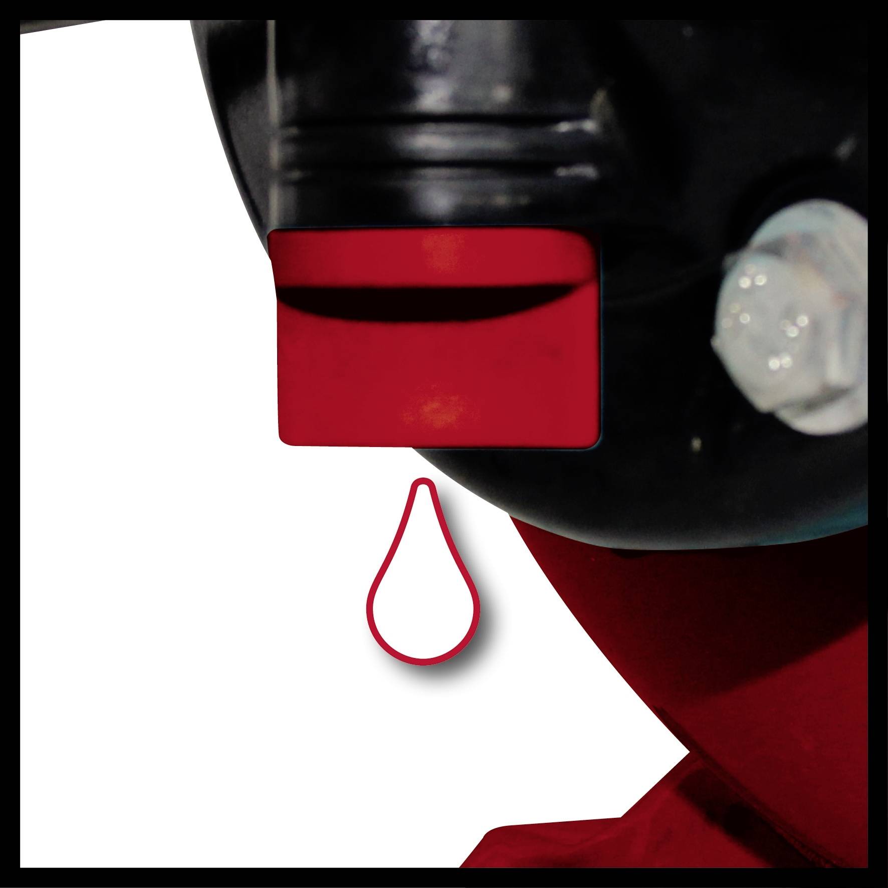 Ein schwarzer Wasserhahn mit einer roten Öffnung, aus der ein Wassertropfen fällt. Der Hintergrund ist einfach rot.