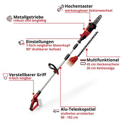 'Hochentaster-Multifunktionswerkzeug: Verstellbarer Aluminium-Teleskopstiel, multifunktionaler Kopf mit Kettensäge und Heckenschere.'
