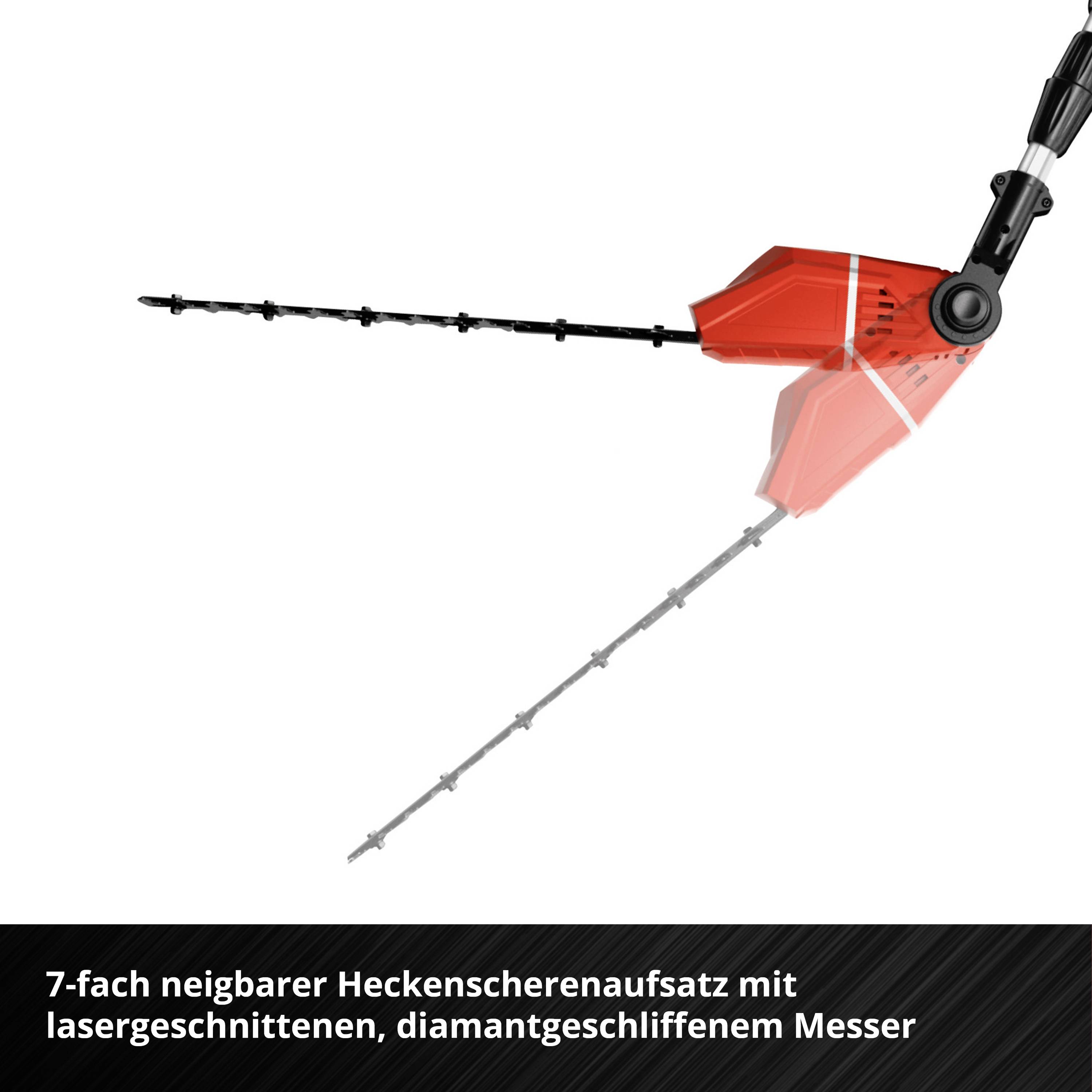 7-fach neigbarer Heckenscherenaufsatz mit lasergeschnittenem, diamantgeschliffenem Messer.