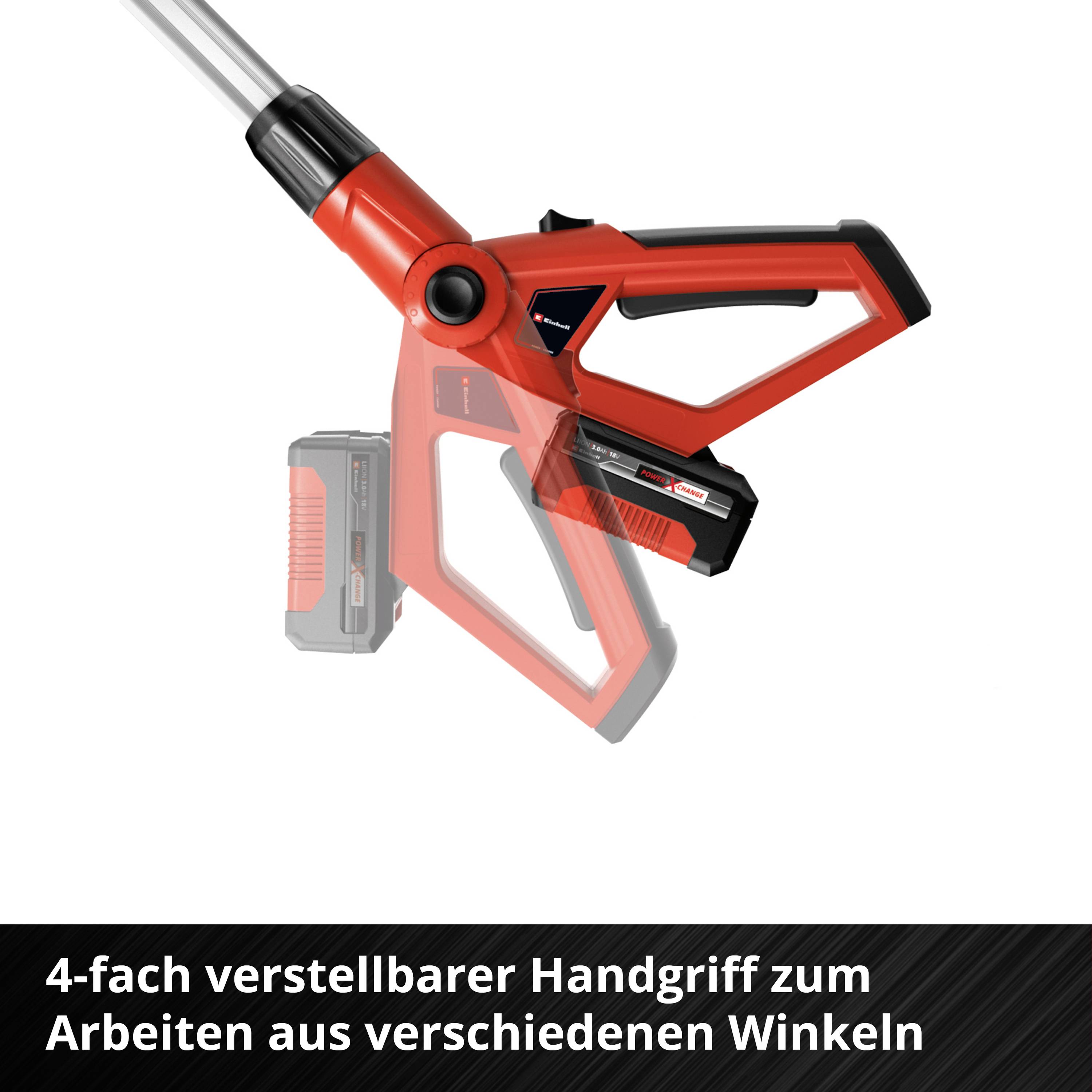 Ein roter verstellbarer Handgriff auf einem Gerät, mit der Aufschrift: '4-fach verstellbarer Handgriff zum Arbeiten aus verschiedenen Winkeln'.