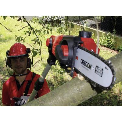 Eine Person trägt Schutzkleidung und verwendet eine elektrische Kettensäge mit Teleskopstiel, um Zweige von einem Baum abzusägen.
