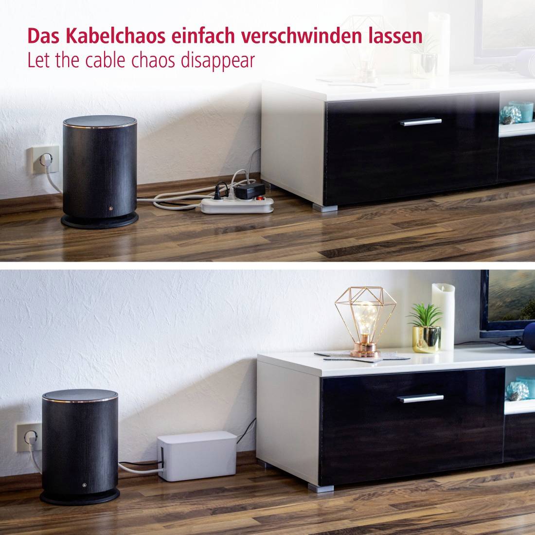 'Vorher-Nachher-Bild von einer unordentlichen und dann ordentlich aufgeräumten Kabelaufbewahrung hinter einem Sideboard.'